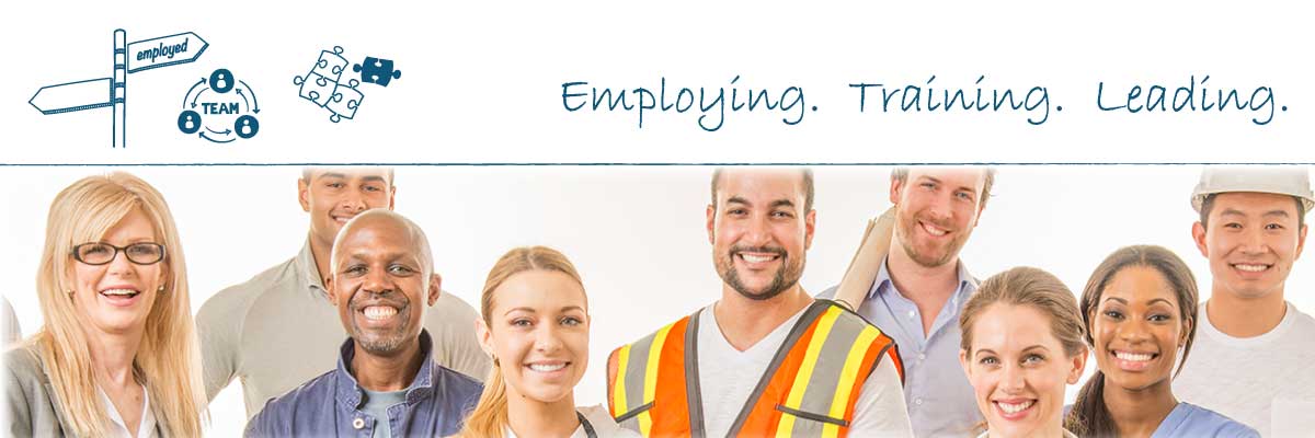 Diverse group of employers with the words employing, training, leading.