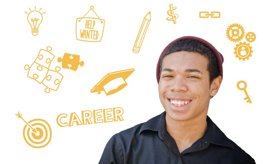 african american male teen standing in front of chalkboard with sketches of education icons.